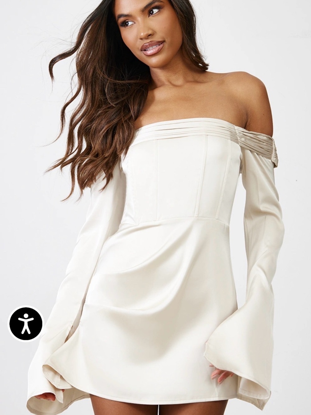 NWT PrettyLittleThing Bardot Off-Shoulder Cream Mini Dress with Flared Sleeves 2